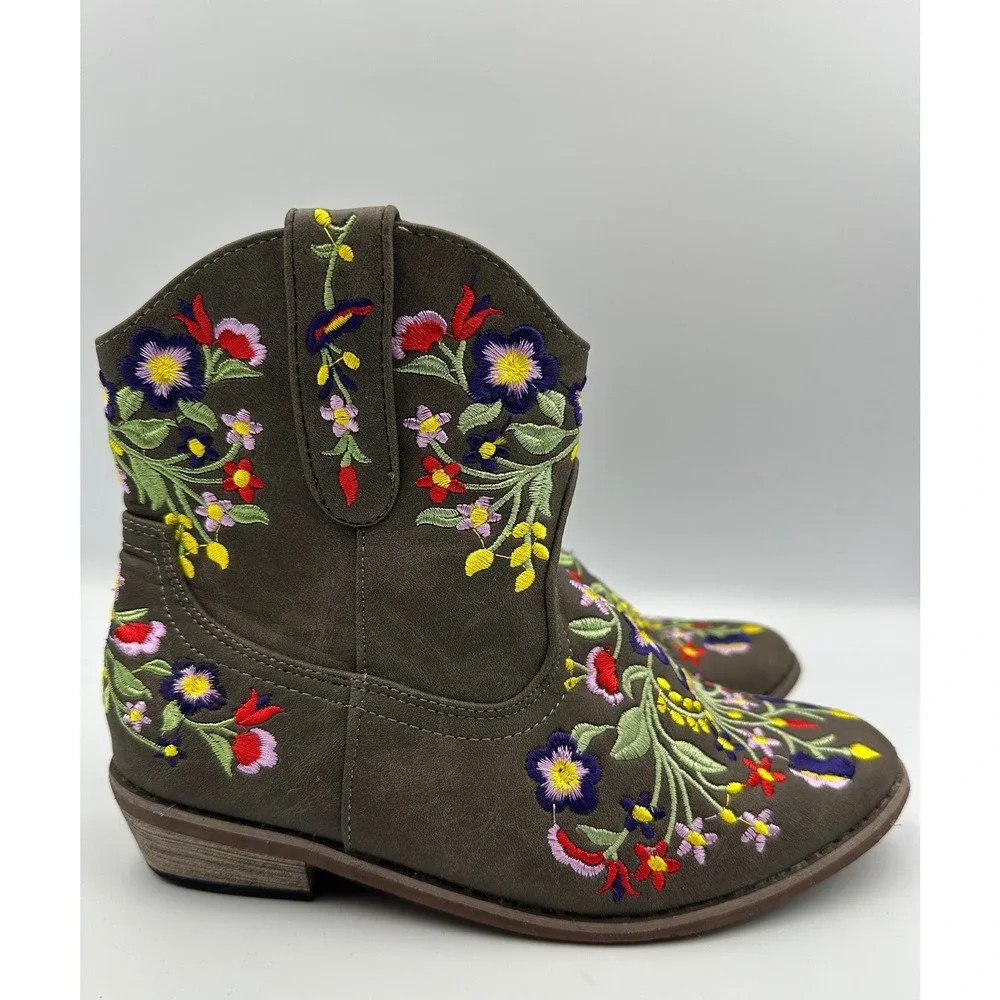 Betseyville Reece Floral Embroidered Cowboy Boots Youth Girls Sz 3 Stone Vibrant
